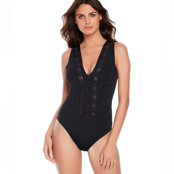 MagicSuit  Scuba Daniella Tummy Control Zip Up One Piece Mesh cutouts  Black 8 - Picture 4 of 15